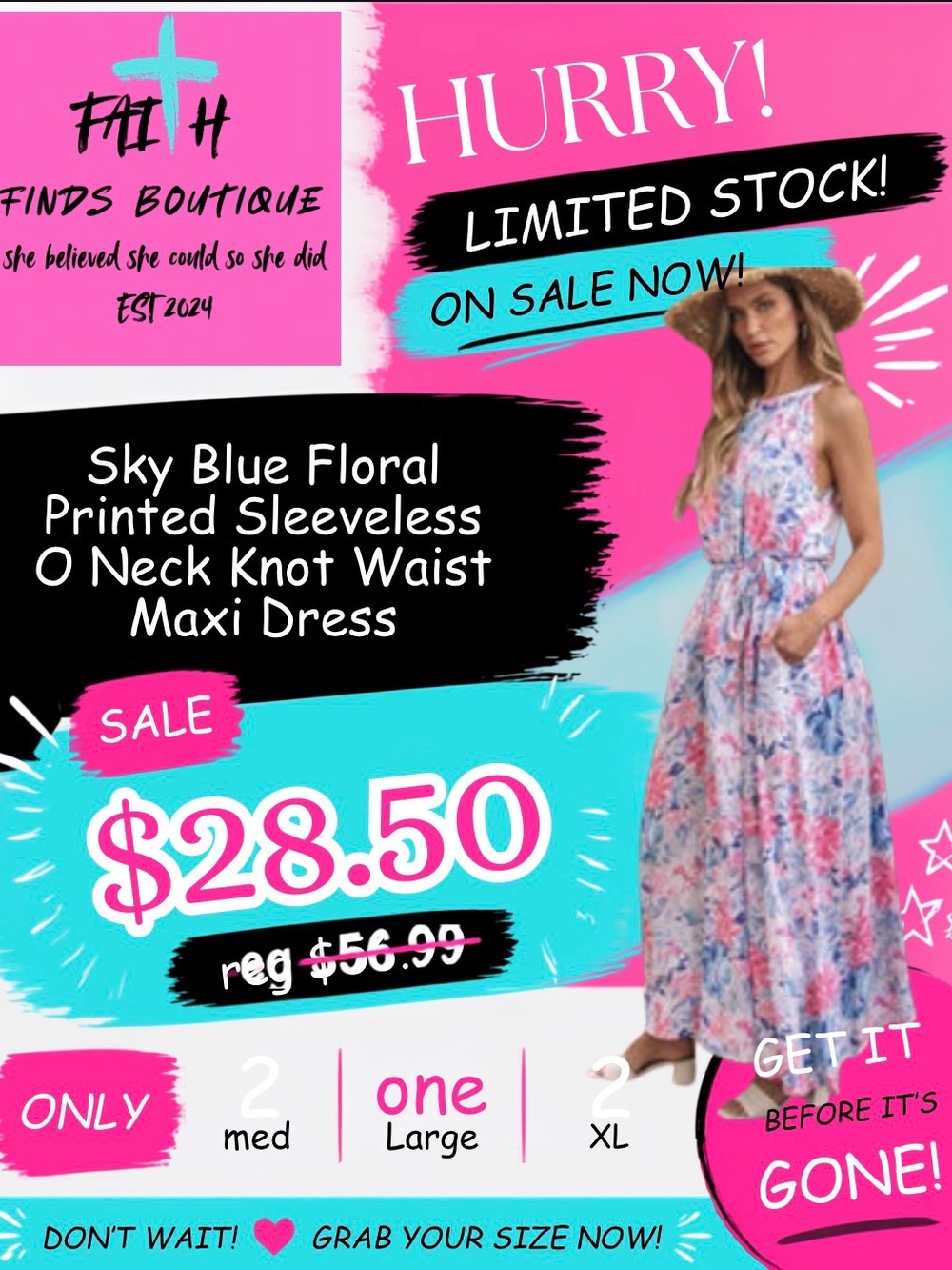 Sky Blue Floral Sleeveless Maxi Dress - Knot Waist